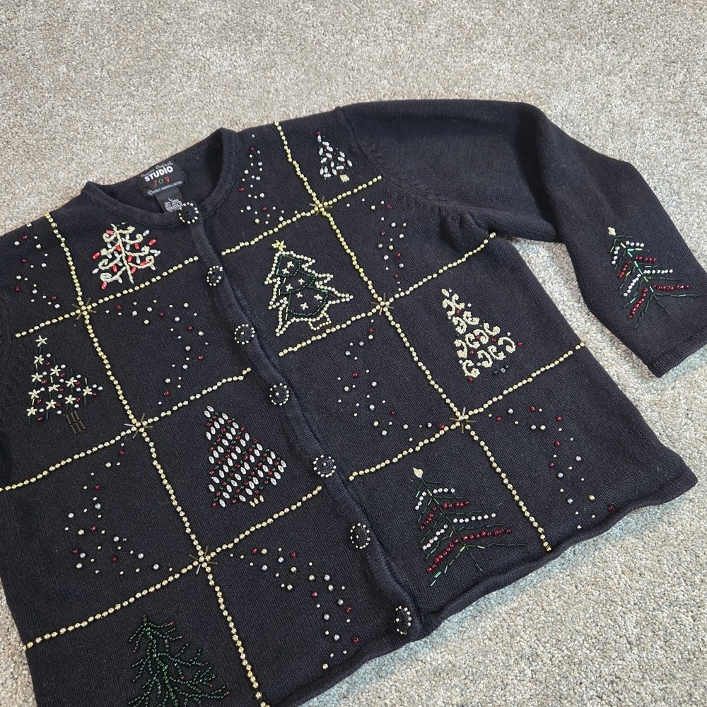 Studio Joy Ugly Christmas Cardigan Sweater‎ L  Black Holiday Beaded Trees